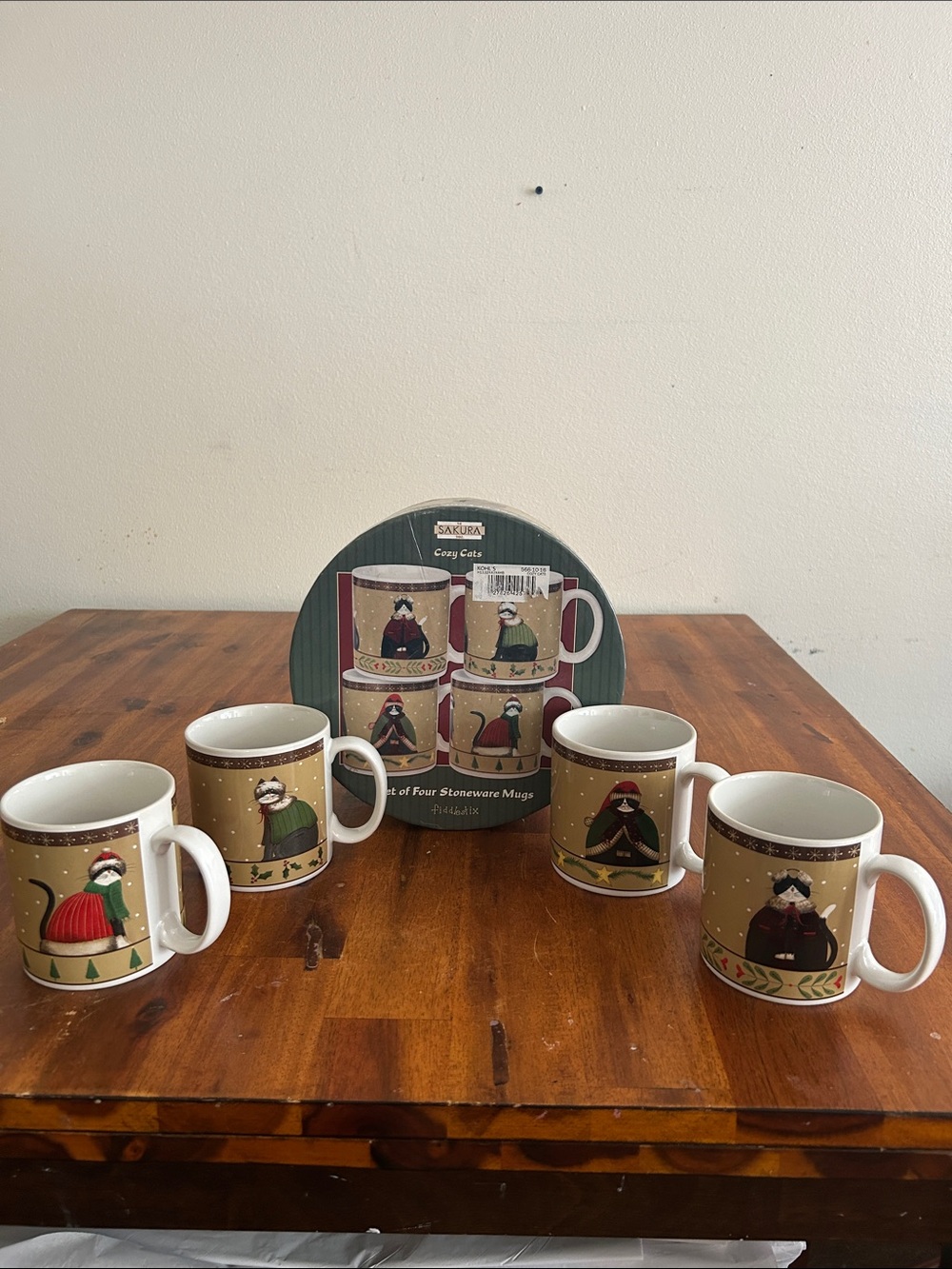 4 Mugs Sakura Holiday Cozy Cats Stoneware Mug Set - Beige, Red, Green, White